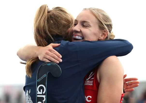 Jubilation in London for Sarah Robertson, right, as the GB hockey ladies confirm qualification on Sunday for the 2020 Olympic Games in Tokyo (picture by Alex Pantling/Getty Images).