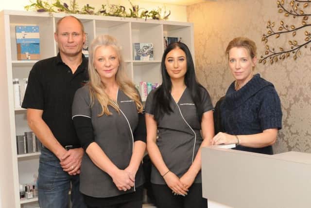 Winnie Muller with husband Bruce Hoskins, daughter Amber-Jane Blair and reflexologist sister Carol Bathgate at Body Beautiful in Selkirk.