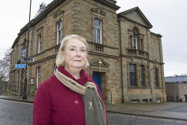 Georgiana Craster at Jedburgh outside Jedburgh's town hall in Abbey Place.